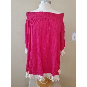Ella Blue Hot Pink/Cream Boho Shirt Fringe Sleeve & Hem Off Shoulder Size Large